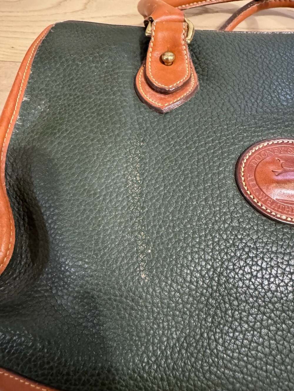 Vintage Dooney & Bourke All-Weather Leather Satchel Bag Green and Tan - Picture 9 of 15